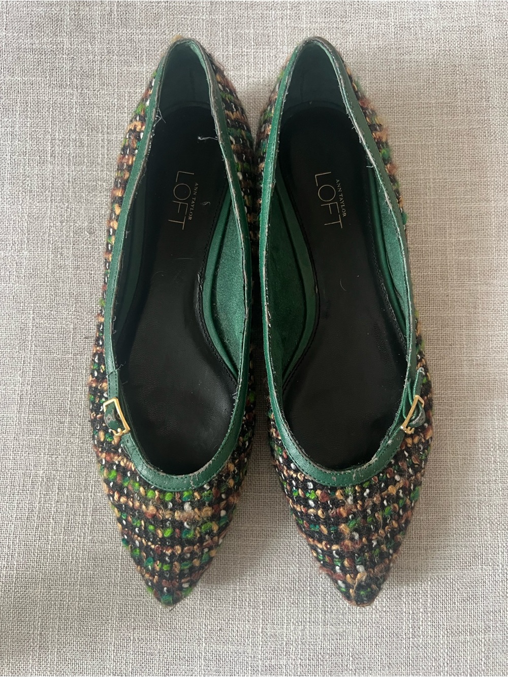 LOFT Green Tweed Ballet Flats, size 8, pointed toe, careercore preppy, dressy